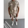 İki İplik Kumaş Baskılı T-shirt Şortlu Takım- Bej