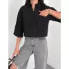 Kadın Crop Yakalı Gömlek Üç Çeyrek Sleeve Kol - Siyah