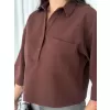 Kadın Crop Yakalı Gömlek Üç Çeyrek Sleeve Kol - Kahverengi
