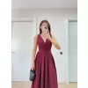V yaka Uzun Kolsuz Elbise- Bordo