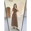 Keten Uzun Kolsuz Elbise- Kahverengi