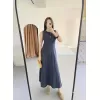 Keten Uzun Kolsuz Elbise- Mavi