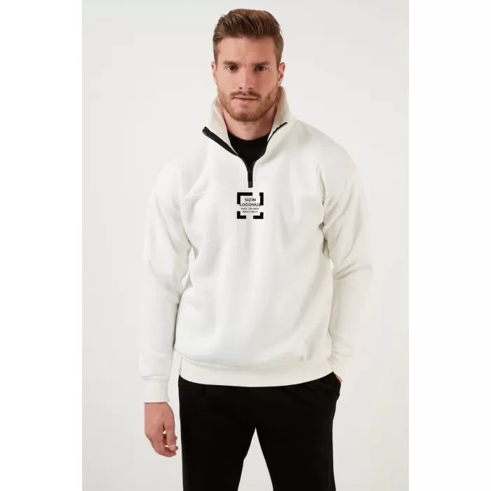 Oversize Yarım Farmuarlı Yakalı Özel Tasarım Basic SweatShirt - Beyaz