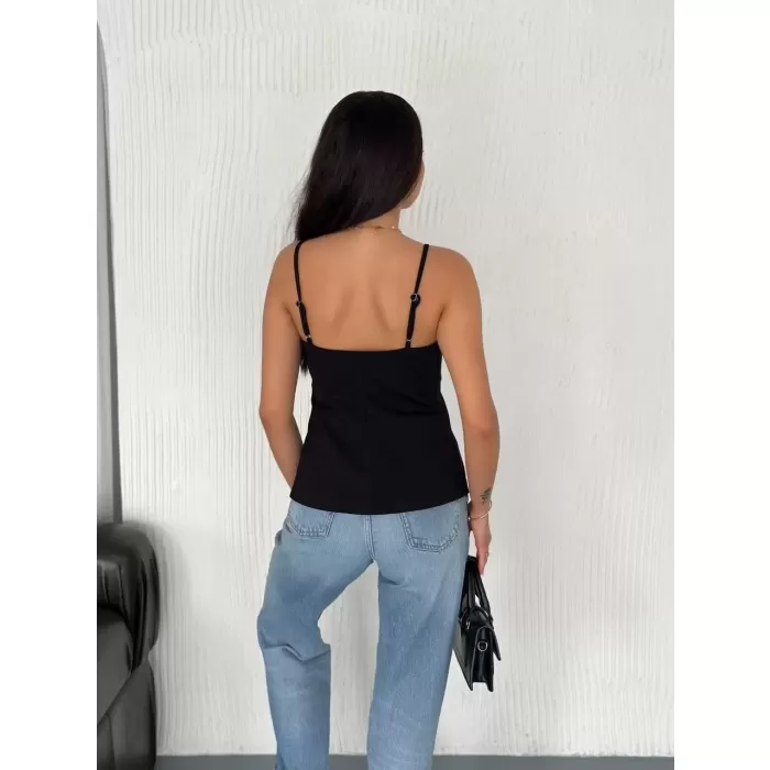 Askılı Dekolte deraylı bluz crop - Siyah
