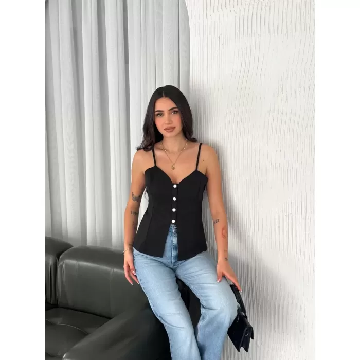 Askılı Dekolte deraylı bluz crop - Siyah