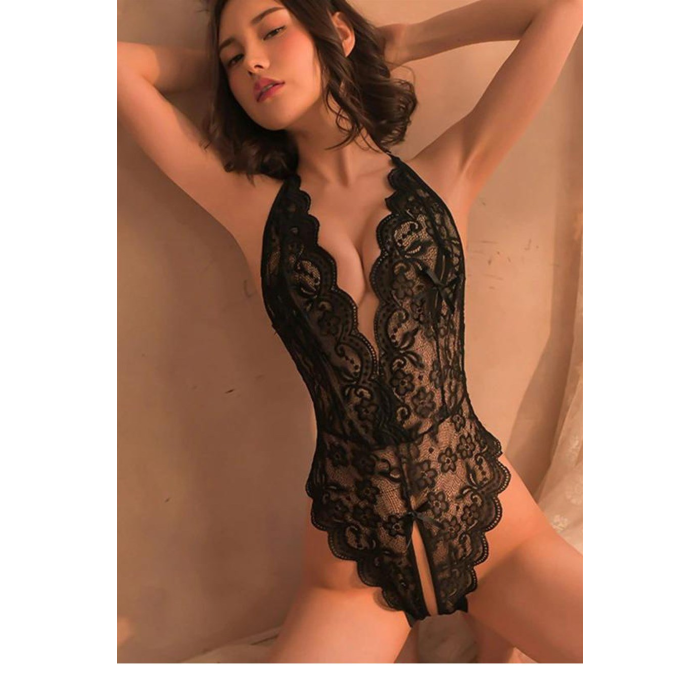 YNT Siyah Özel Bölgesi Ve Sırtı Açık Babydoll Seksi Gecelik 15023