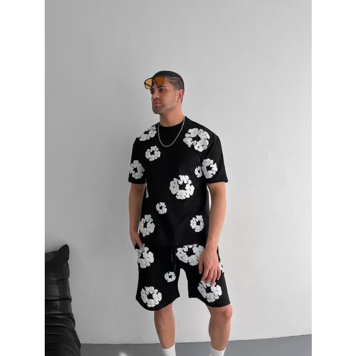 İki İplik Kumaş Baskılı T-shirt Şortlu Takım- Siyah