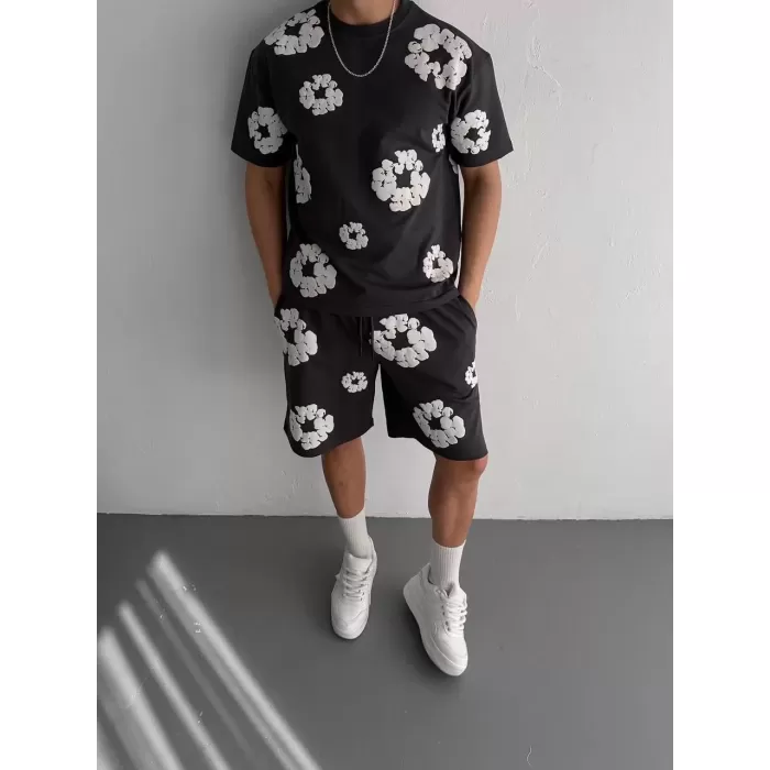 İki İplik Kumaş Baskılı T-shirt Şortlu Takım- Siyah