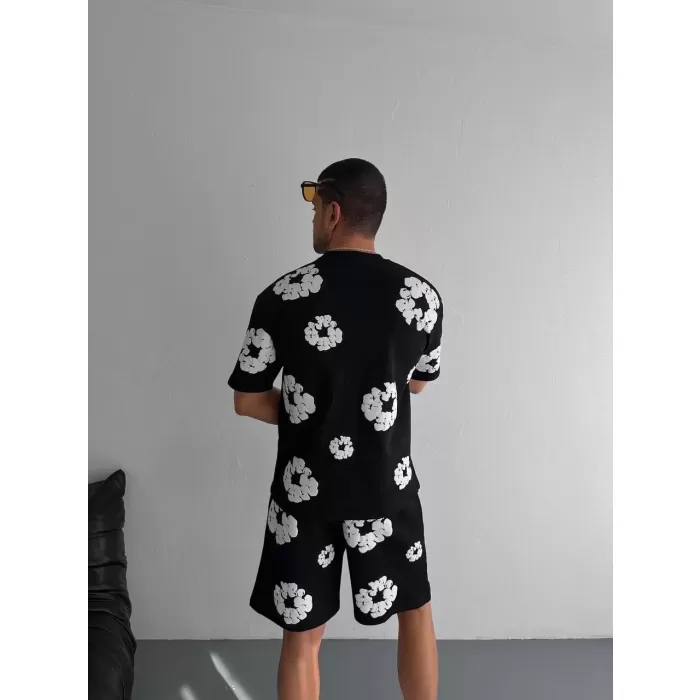 İki İplik Kumaş Baskılı T-shirt Şortlu Takım- Siyah