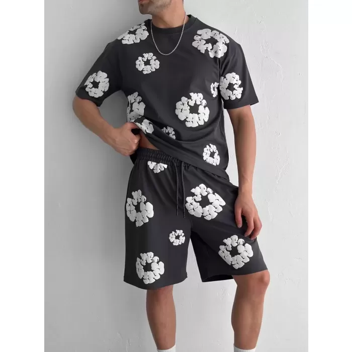 İki İplik Kumaş Baskılı T-shirt Şortlu Takım- Siyah