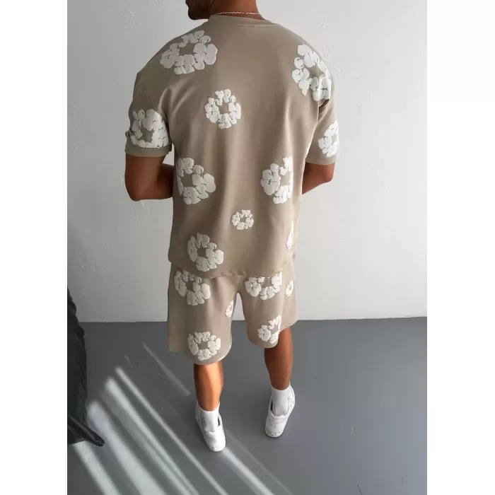 İki İplik Kumaş Baskılı T-shirt Şortlu Takım- Bej