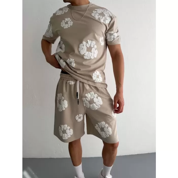 İki İplik Kumaş Baskılı T-shirt Şortlu Takım- Bej