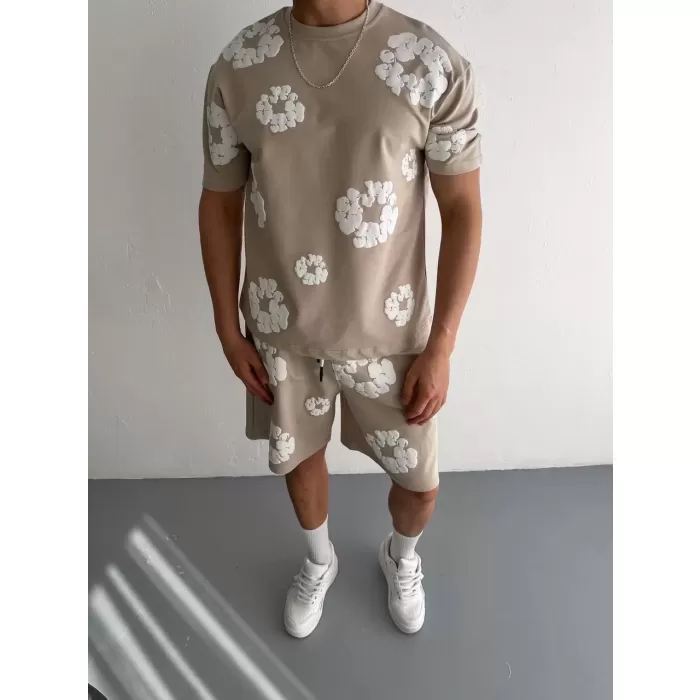 İki İplik Kumaş Baskılı T-shirt Şortlu Takım- Bej