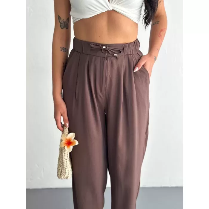 Kadın Yüksel Bel Rahat Paça Pantalon - Kahverengi