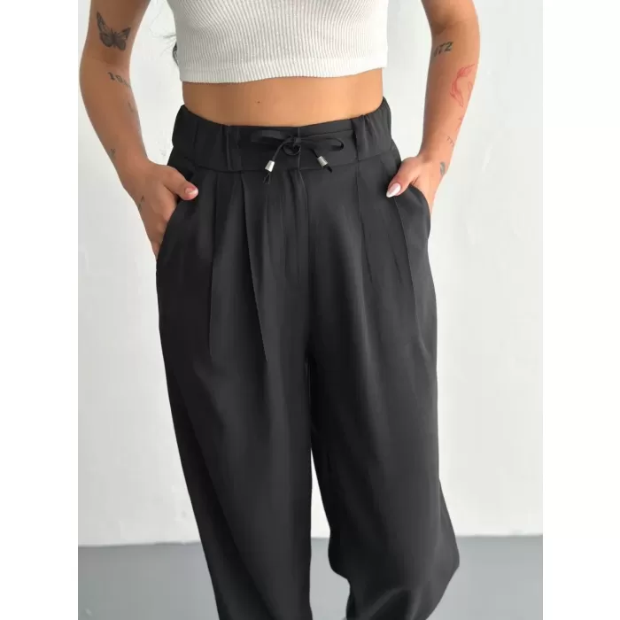Kadın Yüksel Bel Rahat Paça Pantalon - Siyah