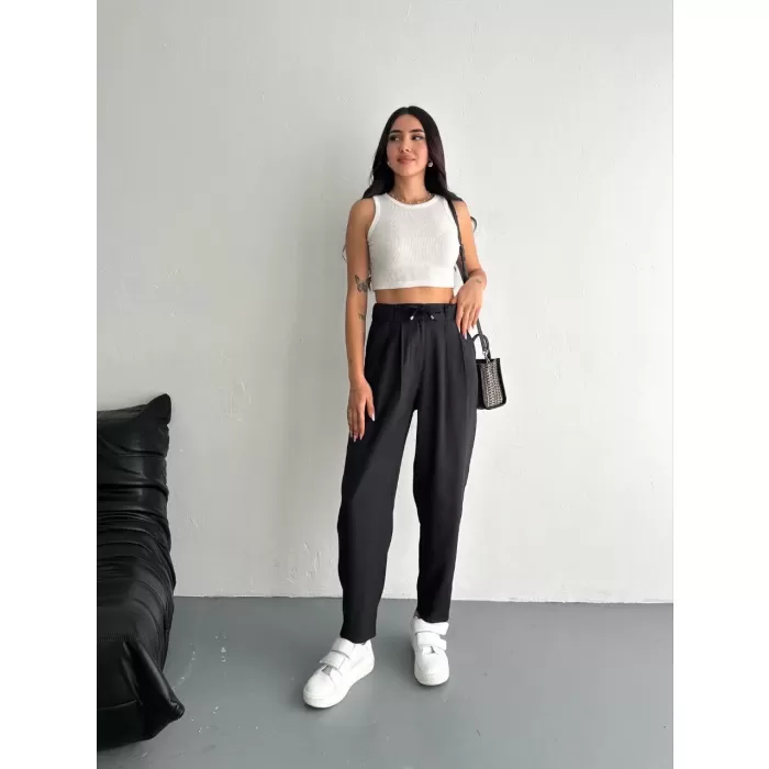 Kadın Yüksel Bel Rahat Paça Pantalon - Siyah