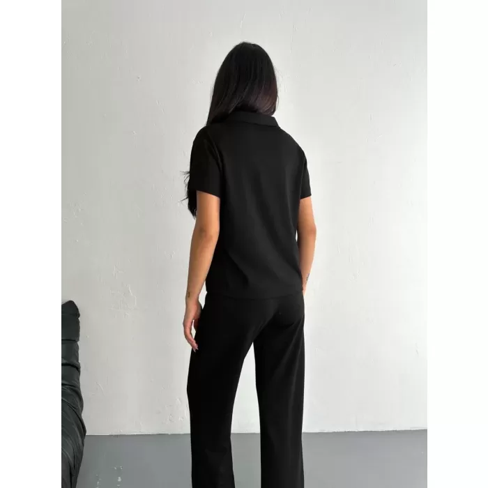 Osy Modal Yumuşak Dokulu Kumaş Kısa Kollu Yakalı T-shirt Pantalon ikili Takım- Siyah