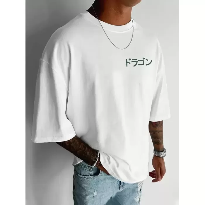 Ön Arka Ejder Baskılı Oversize Bisiklet Yaka T-shirt - Beyaz