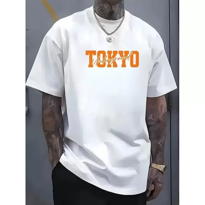 Erkek Turuncu Spor Araba Grafik Tişört - TOKYO Baskılı Günlük Oversize Kısa Kollu Tişört, Yetişkinler için Yazlık Giyim, Turuncu Araba Tasarımı - Beyaz