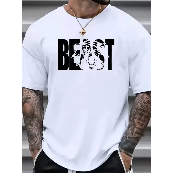 Eşsiz Baskı Tasarımlı Şık Büyük Beden Erkek Tişörtü - Rahat Polyester, Makinede Yıkanabilir, Yuvarlak Yaka - Her Mevsim İçin Mükemmel - Beyaz