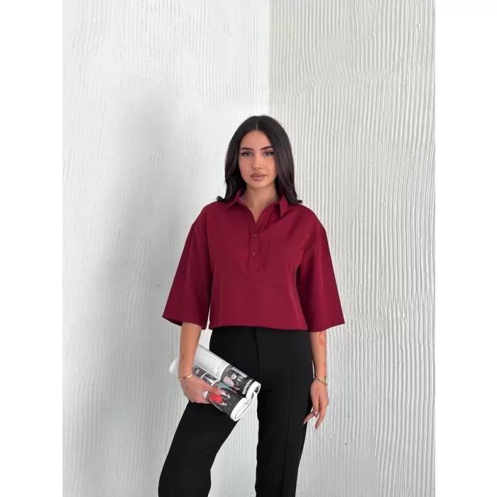 Kadın Crop Yakalı Gömlek Üç Çeyrek Sleeve Kol - Bordo