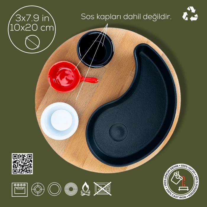 Lava Fajita Tabağı Damla Form Siyah Mat Ahşap Stand 10 X 20 Cm