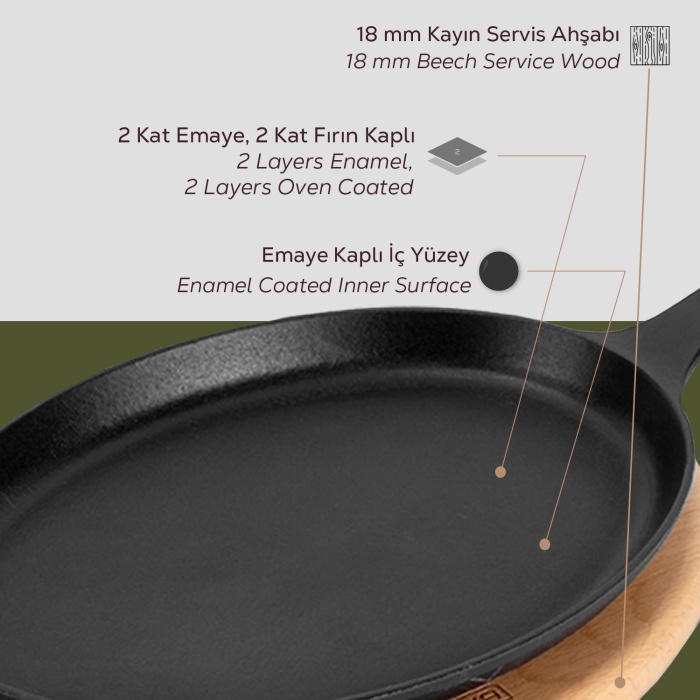 Lava Fajita Tabağı Siyah Mat Ahşap Stand 17 X 23 Cm