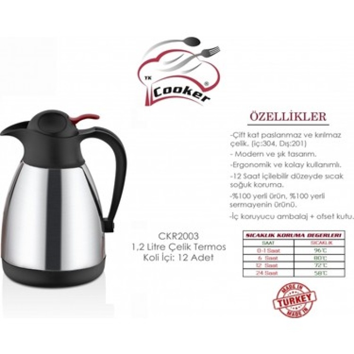 Cooker 1,2 Litre Çift Katlı Paslanmaz Çelik Sürahi Termos