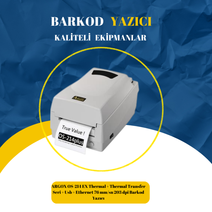 ARGOX OS-214 EX Thermal + Thermal Transfer Seri + Usb + Ethernet 76 mm/sn 203 dpi Barkod Yazıcı