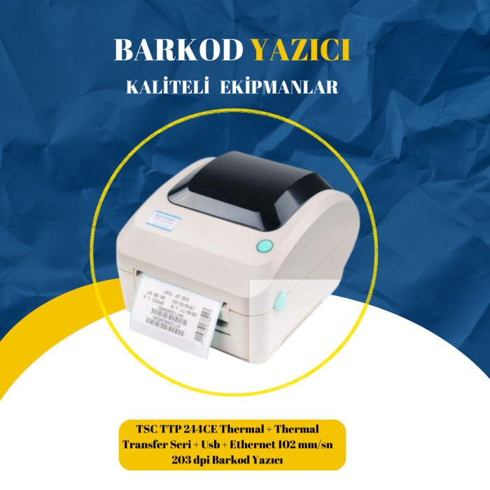 TSC TTP 244CE Thermal + Thermal Transfer Seri + Usb + Ethernet 102 mm/sn 203 dpi Barkod Yazıcı