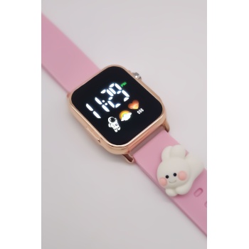 2025 Model Pembe Yanaklı Tavşan Figürlü Takvimli Çocuk Kol Saati Dijital Kız Kol Saati  Gold Kasa