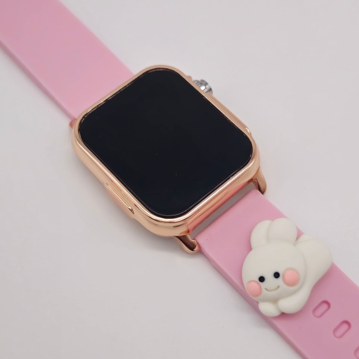 2025 Model Pembe Yanaklı Tavşan Figürlü Takvimli Çocuk Kol Saati Dijital Kız Kol Saati  Gold Kasa