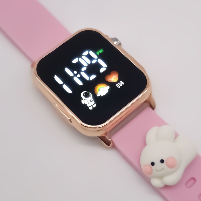 2025 Model Pembe Yanaklı Tavşan Figürlü Takvimli Çocuk Kol Saati Dijital Kız Kol Saati  Gold Kasa
