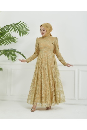 Altın Işıltılı Grater Tesettür Abiye Elbise