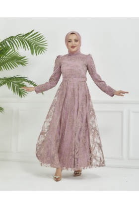 Pudra Simli Tül Detaylı Abiye Elbise