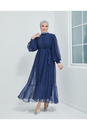 Lacivert Piliseli Şifon Abiye Elbise