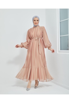 Somon Piliseli Şifon Abiye Elbise