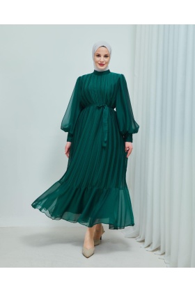 Zümrüt Yeşili Piliseli Şifon Abiye Elbise