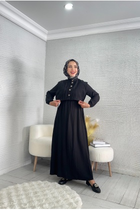 Siyah Yandan Bağlamalı Yelekli Elbise