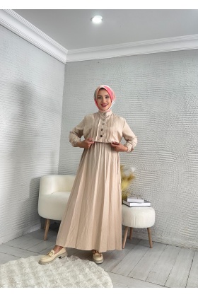 Bej Yelekli Tesettür Elbise