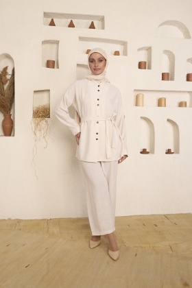 Pantolonlu Keten Takım - Krem