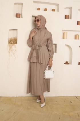 Çilek Kumaş Etekli Takım - Kahve