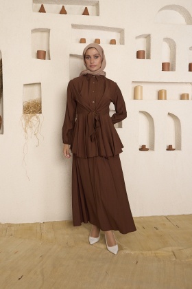 Çilek Kumaş Etekli Takım - Kahverengi