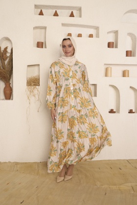 Sarı Çiçek Desenli Modal Kumaş Elbise