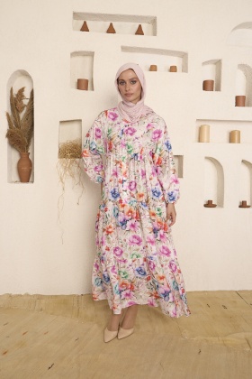 Renkli Çiçek Desenli Modal Kumaş Elbise