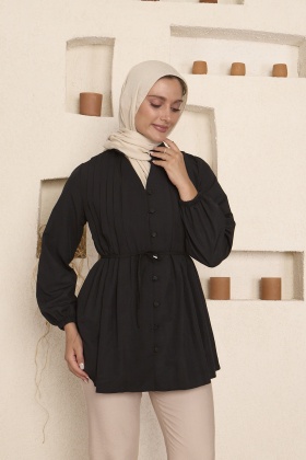 Siyah Büzgülü Pliseli Gömlek