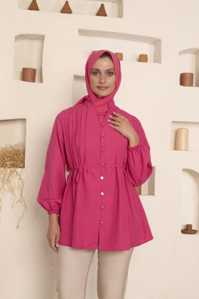 Fuşya Pliseli Büzgülü Gömlek