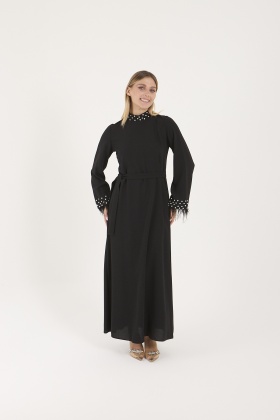 Beyoğlu Taşlı Tüy Detaylı Krep Abiye Elbise