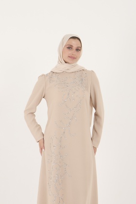 Taş Rengi Taş İşlemeli Krep Abiye Elbise