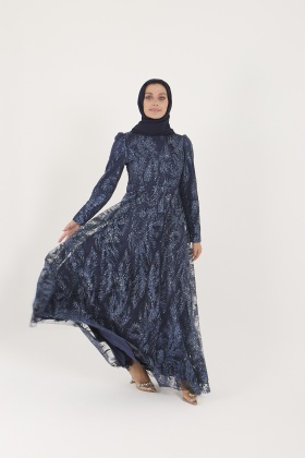 Lacivert Sim Baskılı Astarlı Grater Abiye ElbiseLacivert Sim Baskılı Astarlı Grater Abiye Elbise